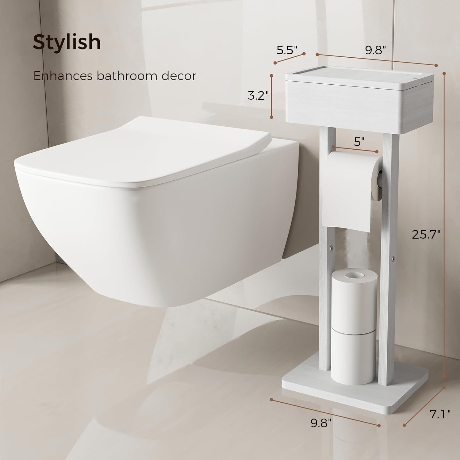 Wealone 4-in-1 White Toilet Paper Holder Stand with Storage Shelf Box, Bamboo Free Standing Toilet Tissue Roll, Toilet Wipes Dispenser Organizer, Temporary Desktop for Bathroom (Patent Protection)