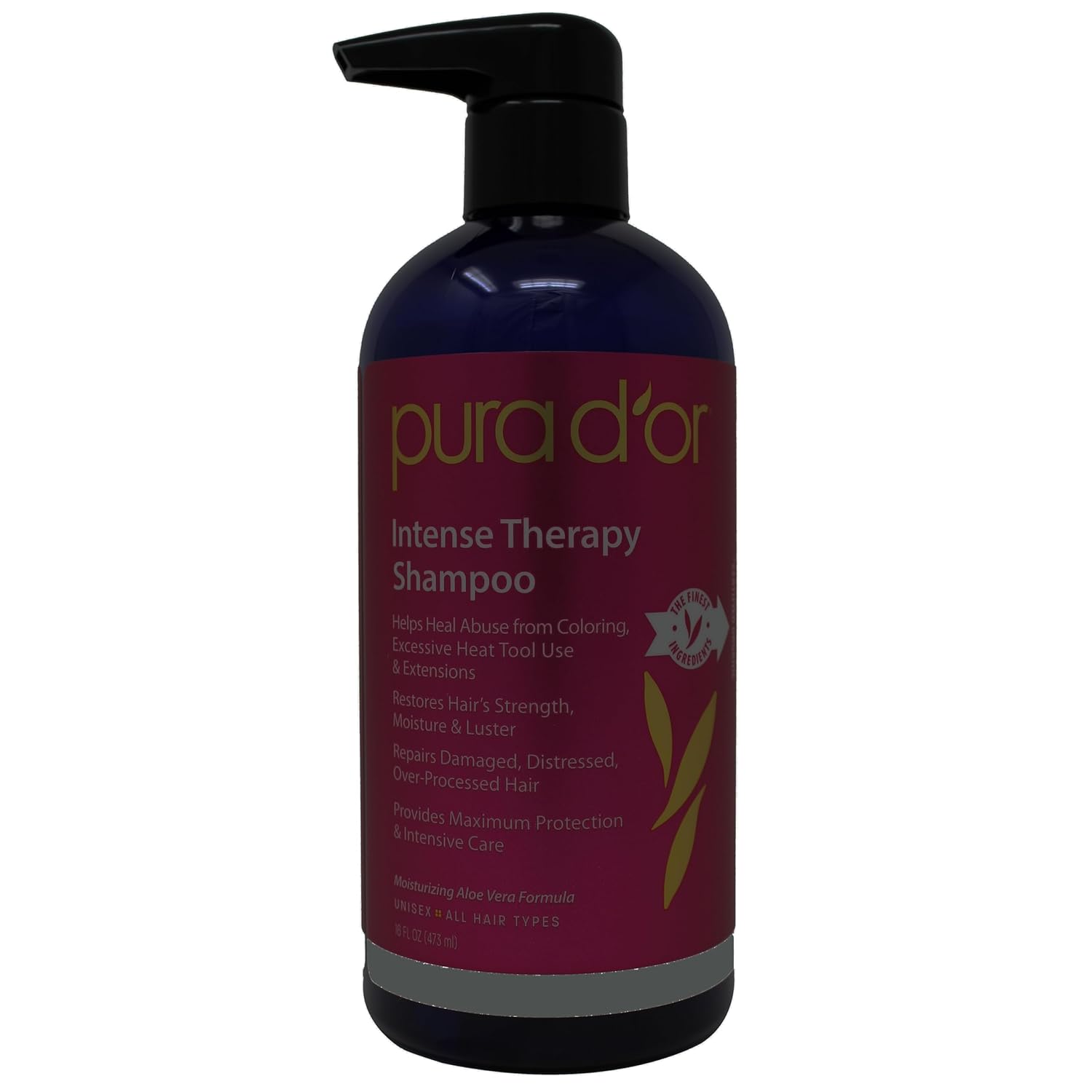 PURA D'OR Intense Therapy Shampoo (16oz) Repairs Damaged, Distressed, Over-Processed Hair, Infused with Select Natural Ingredients, Sulfate Free, All Hair Types, Men and Women