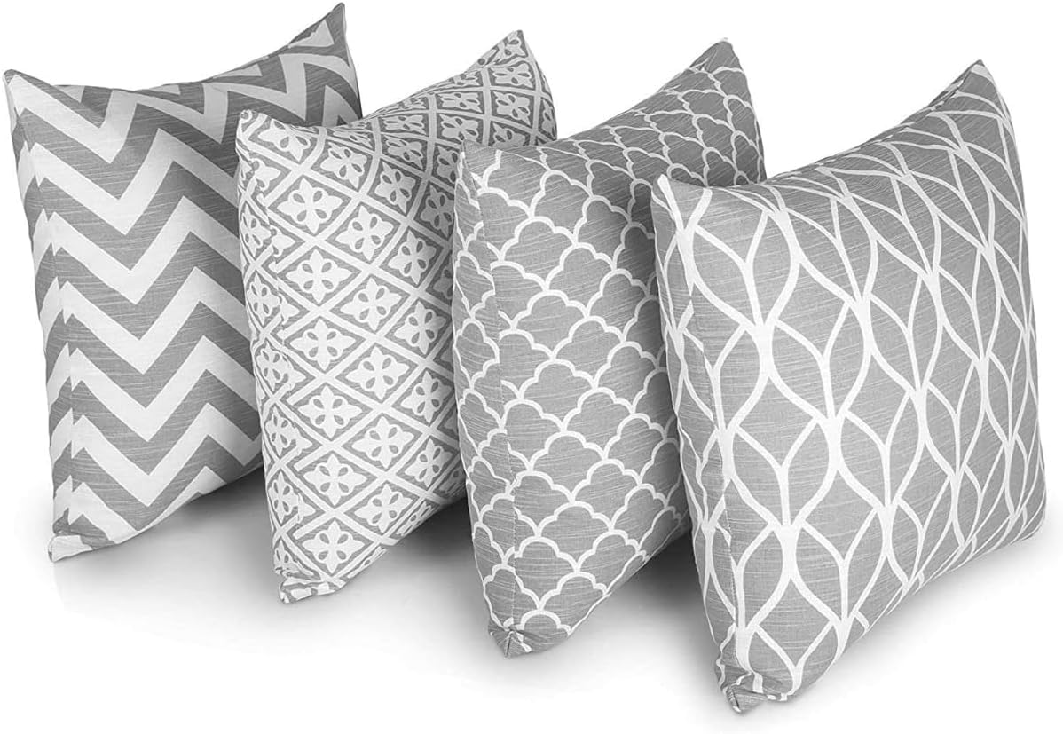 Penguin Home Set of 4 100% Slub Cotton Fabric Cushion Covers 45cm x 45cm Double Sided Square Pillow Covers with Invisible Zipper Pillow Cases for Living Room, Bedroom, Sofa (Grey)