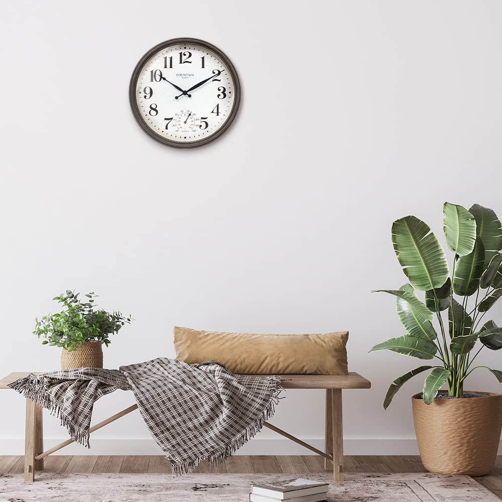 Maison zegar do użytku wewnątrz i na zewnątrz, 30,5 cm z termometrem, stacja pogodowa 2 w jednym, wykończenie z szarego dębu (termometr pogodowy, dekoracja ścienna)