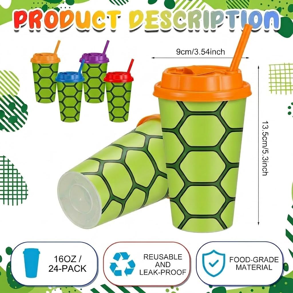 24 Pcs Turtle Birthday Decorations Party Favors Cups with Lids Straw