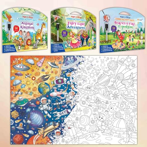 Image of SEARCH & FIND EXPEDITION activity mat, FAIRY LAND ADVENTURES activity mat, ANIMAL KINGDOM activity mat and GIANT SPACE COLOURING POSTER | Combo of 3 activity mats with pen and 1 colouring poster