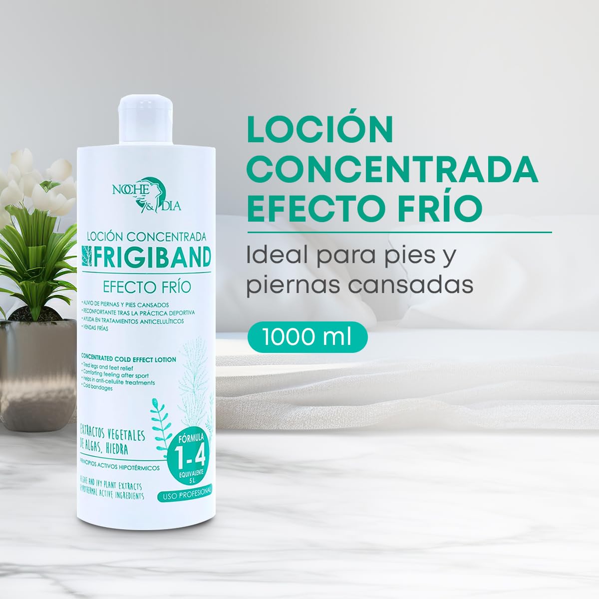 Noche y Día - FRIGIBAND - Loción Efecto Frío para Piernas Cansadas - Líquido para vendas Frías, Reductor y Reafirmante - Con Algas Fucus, Hiedra y Activos Hipotérmicos - 1000 ml