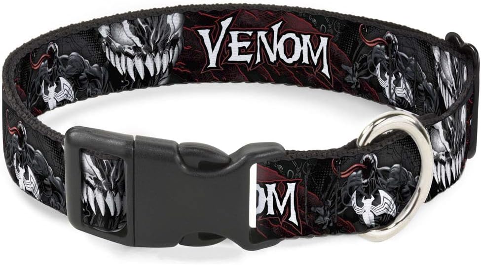 Dog Collar Plastic Clip Venom Pose Expression Gray Black Red White 8 to 12 Inches 0.5 Inch Wide