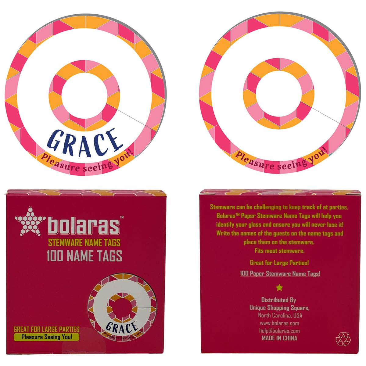 Bolaras Stemware Drink Name Tags for Wine Glasses (100 Tags), Champagne Flutes, Cute Identification Markers, Disposable Paper Tag for Party Guests - Pleasure Seeing You!