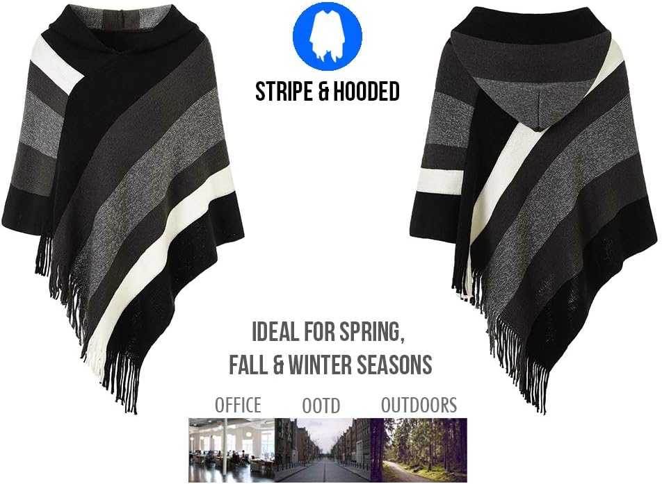 Ferand Women's Striped Poncho Sweater Cozy Knit Fringe Shawl Wraps for Fall Winter - Image 4