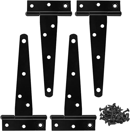Vista 57 de Murtenze Paquete de 6 bisagras negras de 4 pulgadas con correa en T, bisagras de puerta de granero, bisagras en T para puerta de granero, cobertizo