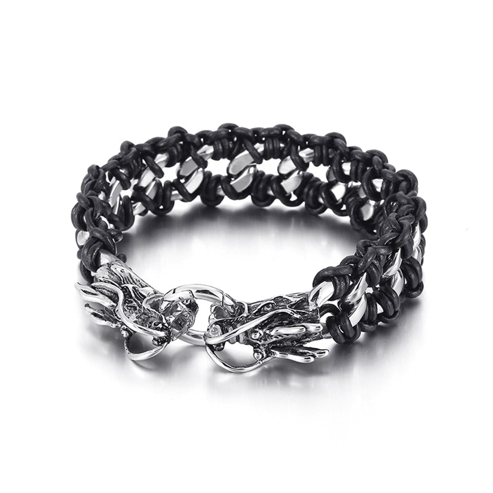 KnSam Bracelet en Cuir Chaîne Tressé 23cm, Bracelet avec Tigre et Tête de Mort Acier Inoxydable Punk Fantaisie