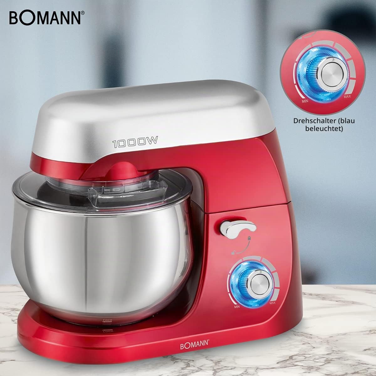 Bomann Knetmaschine | 5 Liter Edelstahlschüssel | 1000 Watt | stufenlose Geschwindigkeitsregelung | Rührhaken + Knethaken + Schneebesen | Transparenter Spritzschutzdeckel (Öffnung) | KM 6009 CB rot