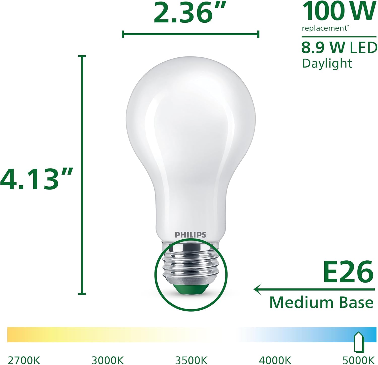 Philips LED 100W A19 8-Pack Ultra Efficient Daylight (5000K) 1520 Lumen (8.9W = 100W) Dimmable Frosted Flicker-Free Light Bulbs