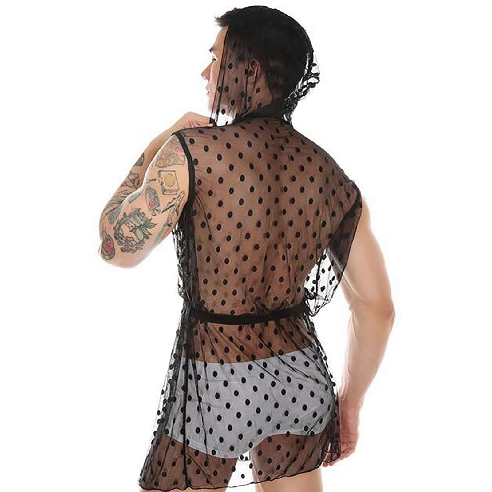 Robe de chambre longue en dentelle pour homme - Lingerie sexy - Chemise transparente - Veste sans manches - Débardeurs - Vêtements de nuit en maille - Sous-vêtements - Chemise en maille