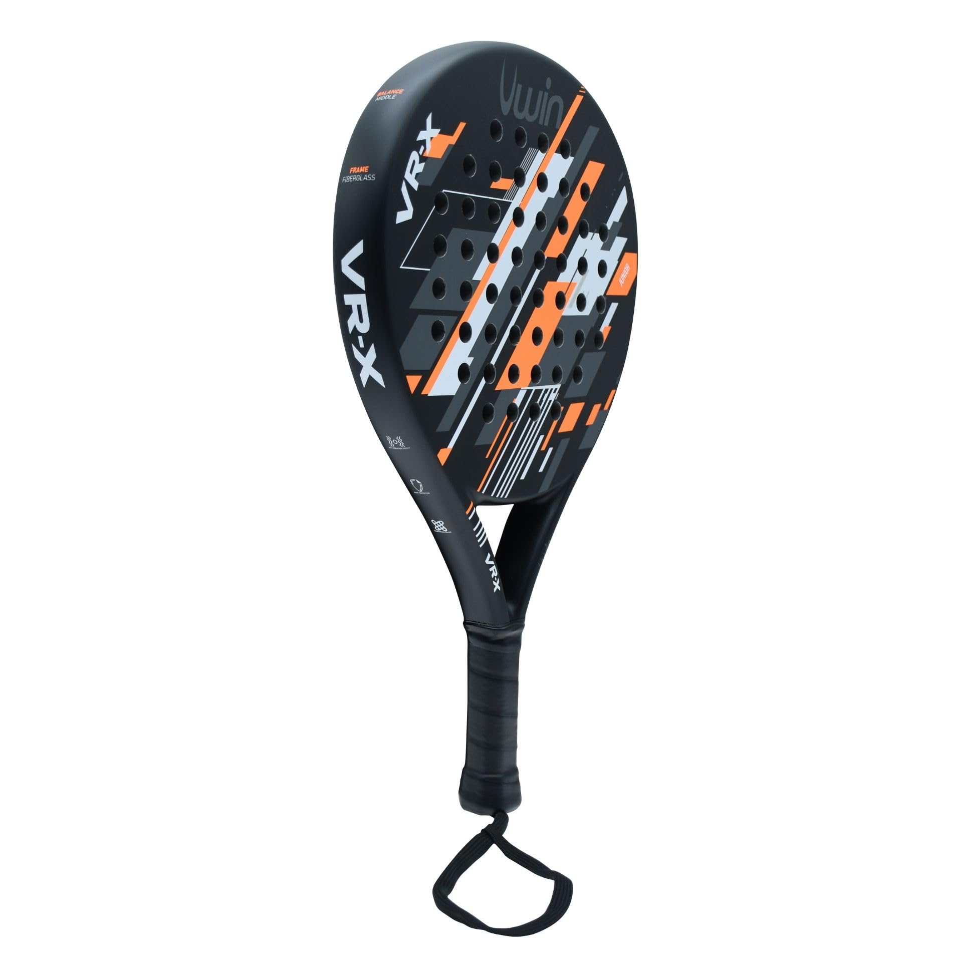 Uwin VR-X Junior - Racchetta da padel per bambini, telaio in fibra di vetro leggera, anima morbida EVA 13, forma rotonda con punto dolce centrale, finitura opaca, arancione, bianco, grigio