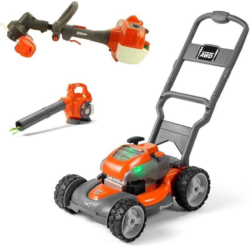 Husqvarna Soplador de hojas de juguete para niños, desmalezador y cortadora de césped con sonido, funciona con pilas