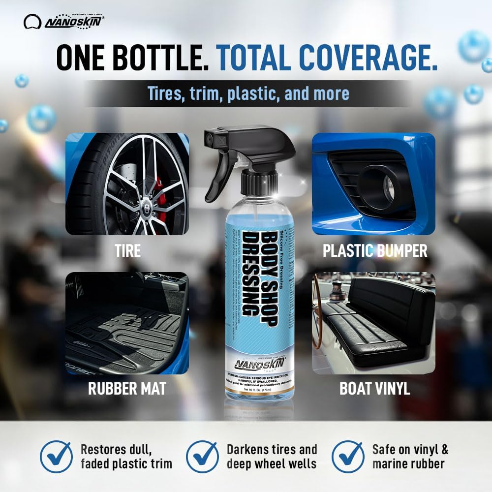 Nanoskin Body Shop Dressing 5 Gallons - Body Shop Safe, Silicone Free Formula | Restores Deep Black Color on Exterior Tires, Vinyl, Rubber, Plastic & Trim | Safe for Cars, Trucks, RVs, Boats & More