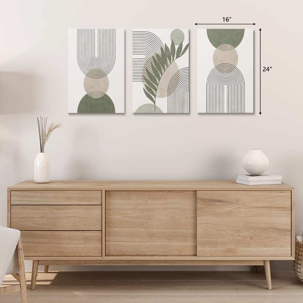 Set Di 3 Quadri Su Tela CHDITB Stile Bohémien Verde – Stampe Astratte Geometriche Con Foglie E Motivi Solari – Decorazione Da Parete 30x40 Cm Per Soggiorno E Camera Da Letto - 2