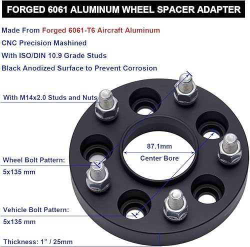 Miniatura 5 de VLAOSCHI Espaciadores de rueda centrales de 5 x 135 forjados negros de 1 pulgada con pernos de 14 x 2 compatibles con Ford Lin-coln 5 Lug para F150