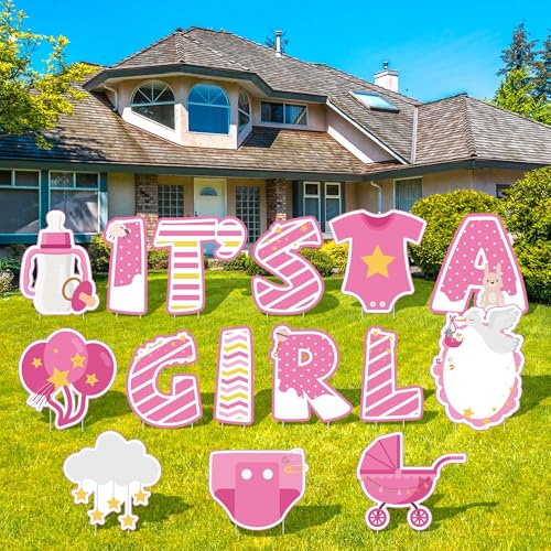 Vivantia 15 Pcs ITS A GIRL Pink Yard Signs 12 Inch Baby Shower Lawn Decorations Welcome Home Girl Lawn Sign Gender Reveal Yard Signs with Stakes Markers for Gender Reveal Home Garden Decorations
