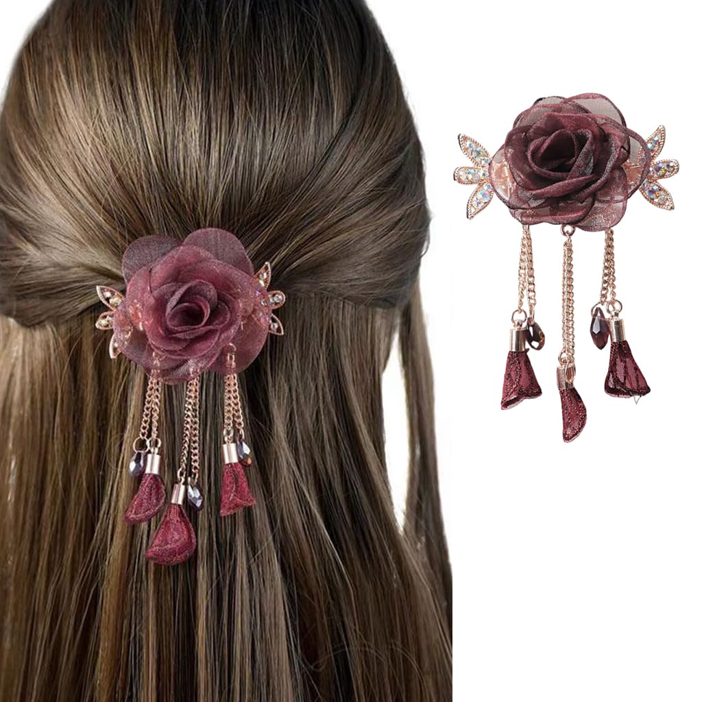 ZIBUYU® Flower Clutchers for Hair with Tassel, French Hair Clips Accessories for Woman & Girls, Vintage Floral Design, for Weddings, Performances, and Daily Styling
