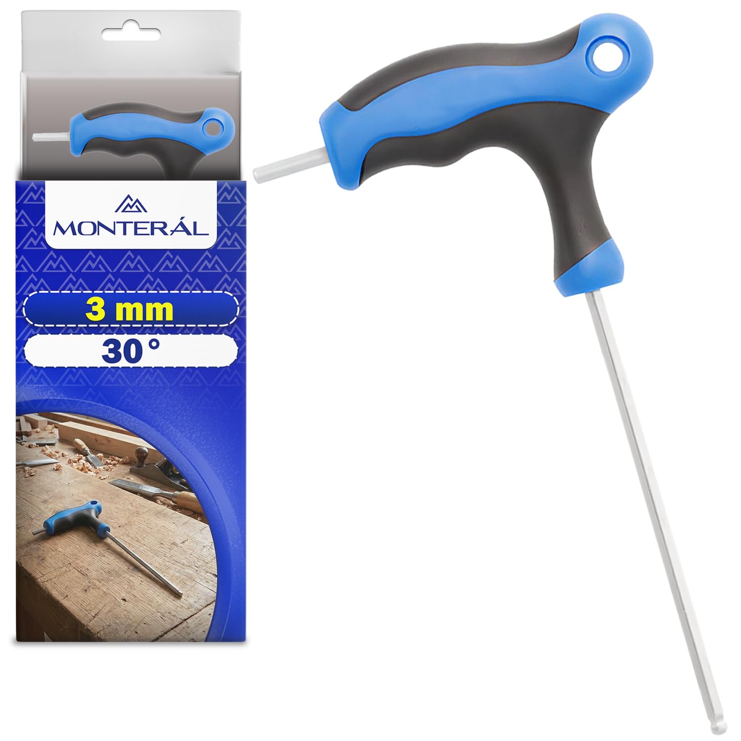 MONTERAL Llave Allen con Mango en T con Punta Esférica 3 mm - Llave Hexagonal Permite Trabajar en Ángulos de Hasta 30° - Fabricada en Acero Aleado S2