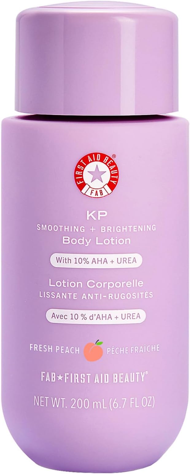 First Aid Beauty - KP Smoothing + Brightening Body Lotion with 10% AHA, Lactic Acid, Urea + Colloidal Oatmeal, Exfoliate + Moisturize, Banish Keratosis Pilaris Bumps, NEW Peach Scent (190 g)