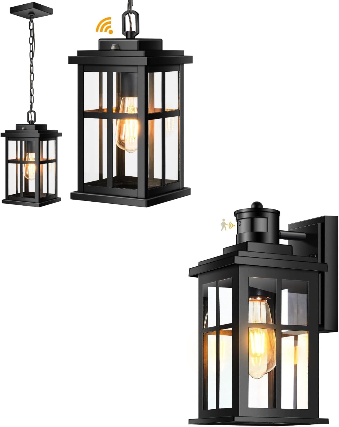 Large Black Dusk to Dawn Outdoor Hanging Light & Black Motion Sensor Outdoor Wall Light