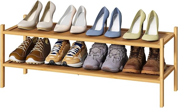 kiplant Long Shoe Rack, 2-Tier Bamboo Wood Shoe Rack, Stackable for Closet, Entryway & Hallway