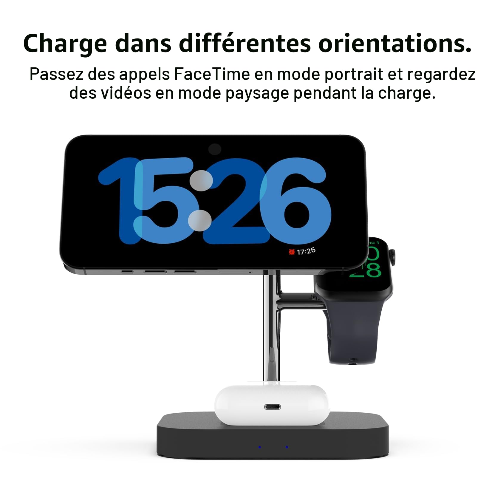 Boaraino Station de Charge, Magsafe Chargeur sans Fil 3 en 1 Magnétique Compatible avec iPhone 17/16 /15/14/13/12, Apple Watch 11/10/9/8/7/6/SE/5/4/3, AirPods 2/3/4/5/Pro