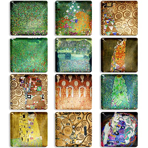 Berkin Arts 12 pièces Mignon Cristal Carré Aimant Fort Magnétique Autocollant de Réfrigérateur Aimant de Frigo Cloisonnisme Arbre de Vie Vintage Le Baiser Série Gustav Klimt