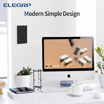 ELEGRP Matte Black Standard Decorator Electrical Wall Receptacle Outlet, 15A 125V, 2 Pole 3 Wire, Non-Tamper Resistant, NEMA 5-15R, Self-Grounding, Mid Wall Plate Included, UL Listed (10 Pack)