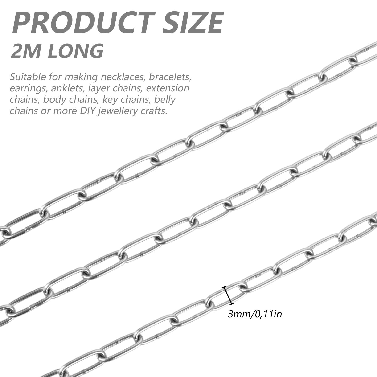 JMIATRY 4 sztuki łańcucha metalowego o długości 2 m, Ø 3 mm, łańcuszek ze stali nierdzewnej, łańcuch ogniwowy, łańcuszek ze stali nierdzewnej, do łańcucha dla psów, huśtawek, łańcuszków, kotwicznych