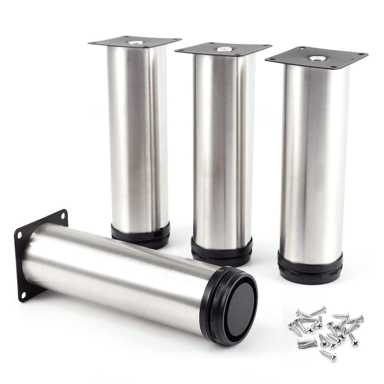 XBCDX 4 stuks meubelpoten metaal, verstelbare hoogte roestvrij stalen meubelpoten voor salontafel keuken bureau voeten,Diy ronde meubelpoten, tafelpoten met gratis schroef zilver-25cm