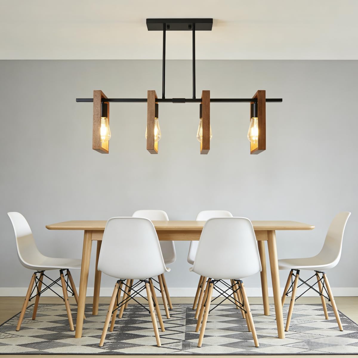 Iluminación de isla de cocina,luces de mesa de billar de madera y metal,alturas colgantes industriales ajustables Lámparas de Techo para comedor y sala de estar,pasillo de vestíbulo (A,4 Heads)