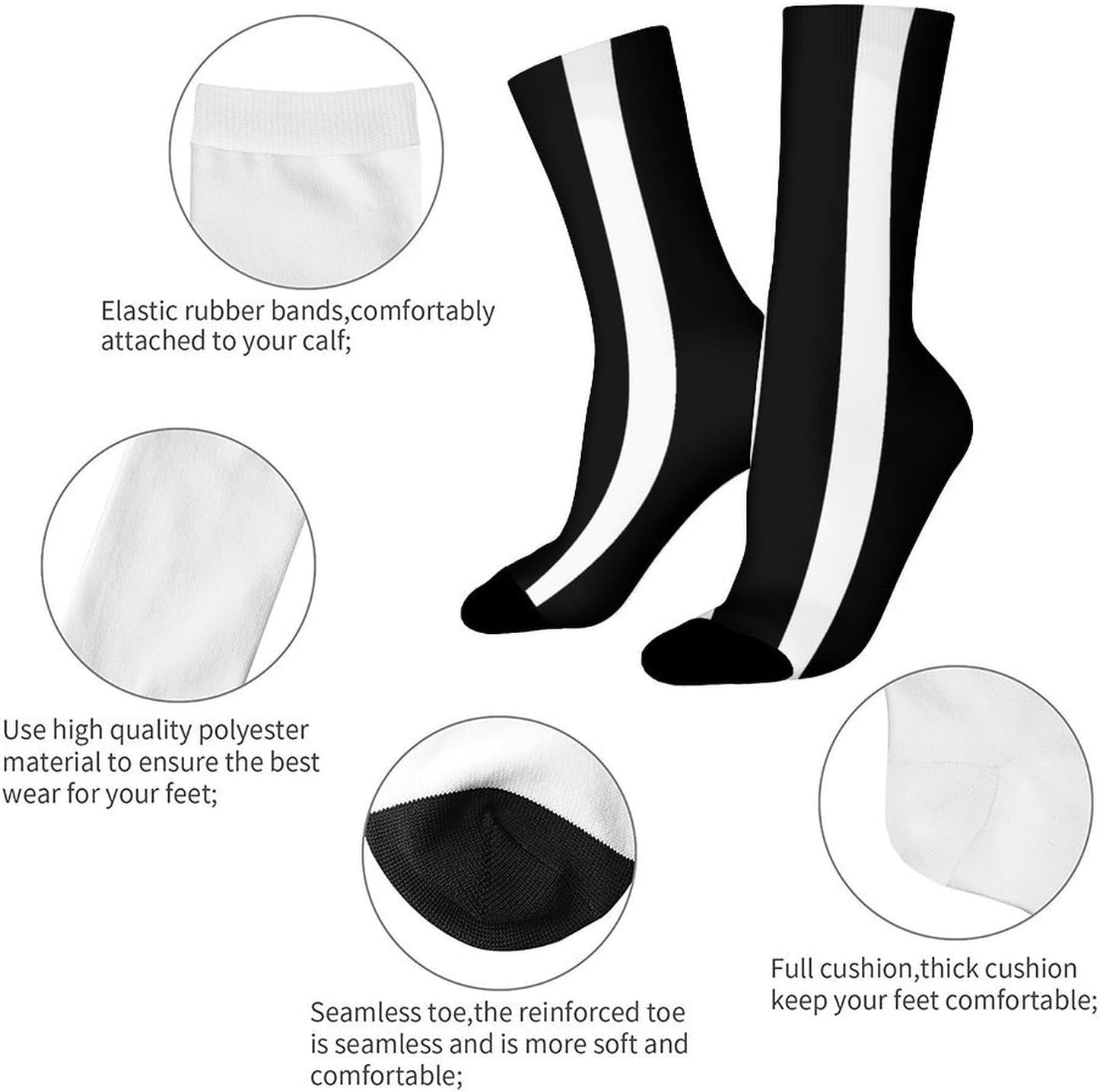 Moisture Wicking Socks, Breathable, Lightweight Crew Sock, Casual | Stripes Black White Work Socks for Women Men, Elastic Soft Boot Socks for Travel, Seamless