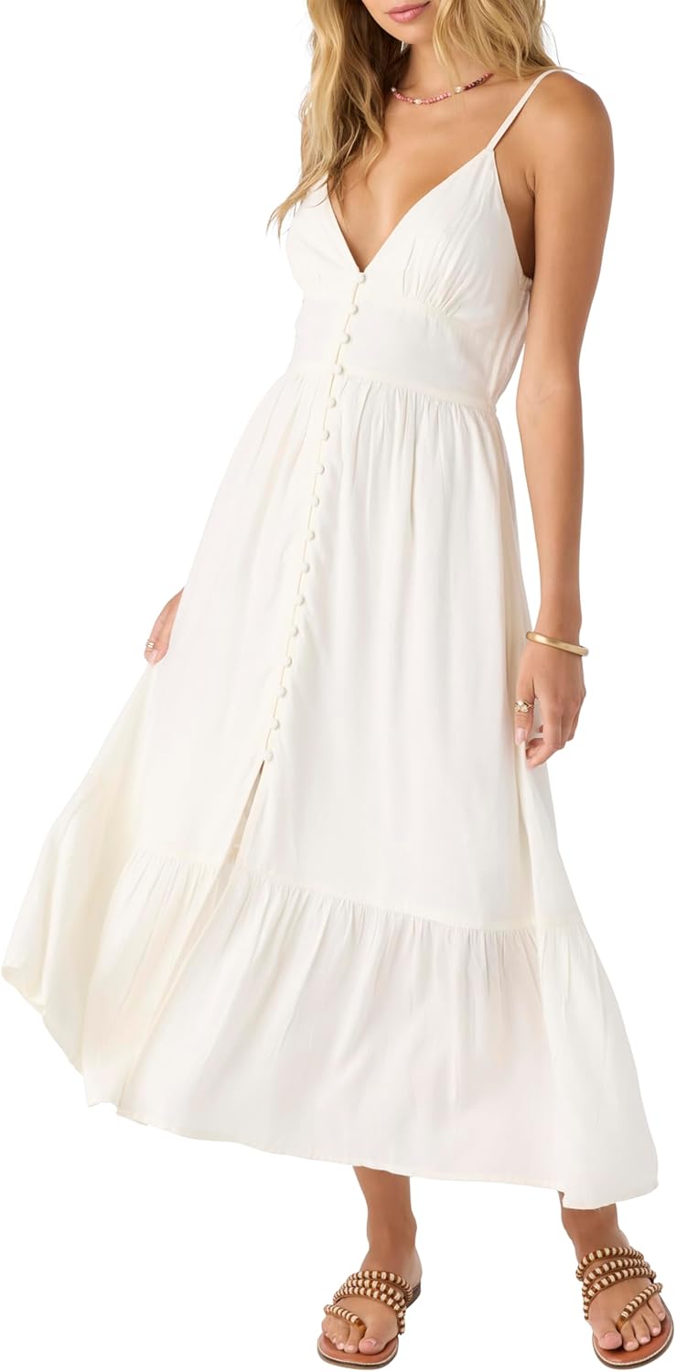 O’Neill Women’s Woven Midi Dress – V-Neck, Button-Front Design with Adjustable Straps and Tiered Skirt