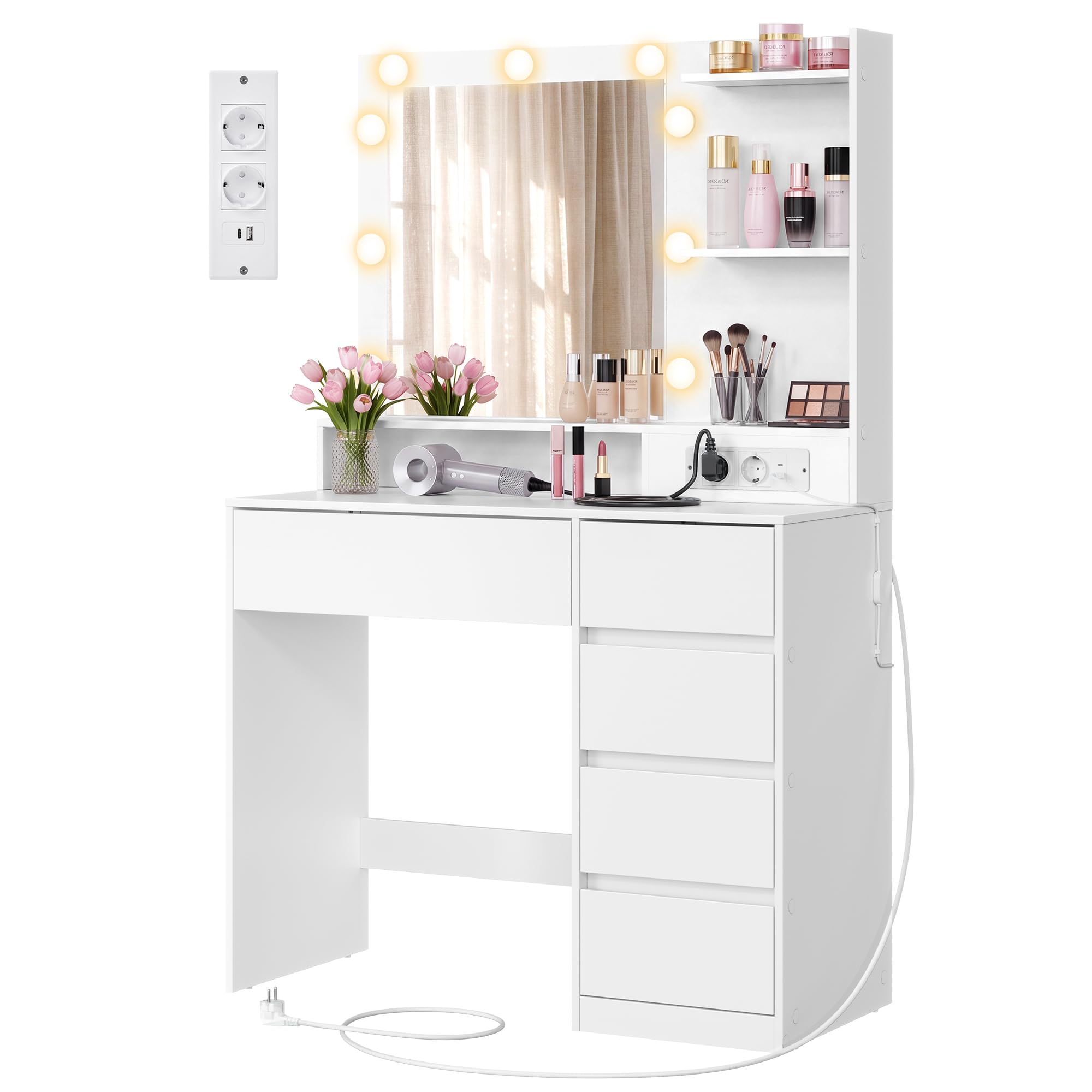 VASAGLE Tocador de Maquillaje con Luz, Mesa de Maquillaje con Espejo y Cajones, Escritorio con Enchufe y Puertos USB, 80 x 40 x 144,3 cm, Blanco Nube, Colección Kailyn RDT241WB01