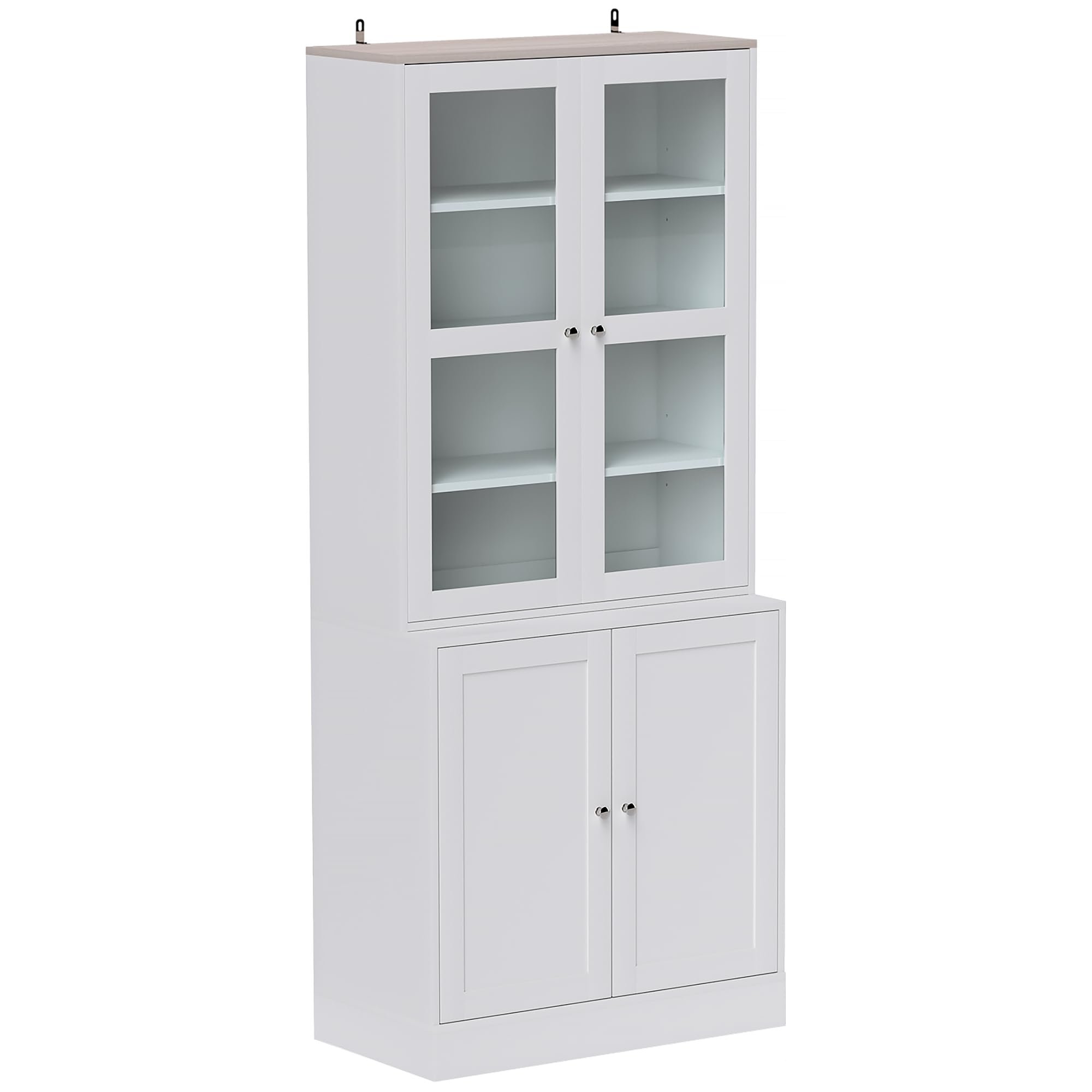 HOMCOM Modern Bookcase with Glass Doors, Display Storage Cabinet with Adjustable Shelves for Living Room, Study, Home Office, Kitchen Cupboard with Small Open Counter, White and Natural