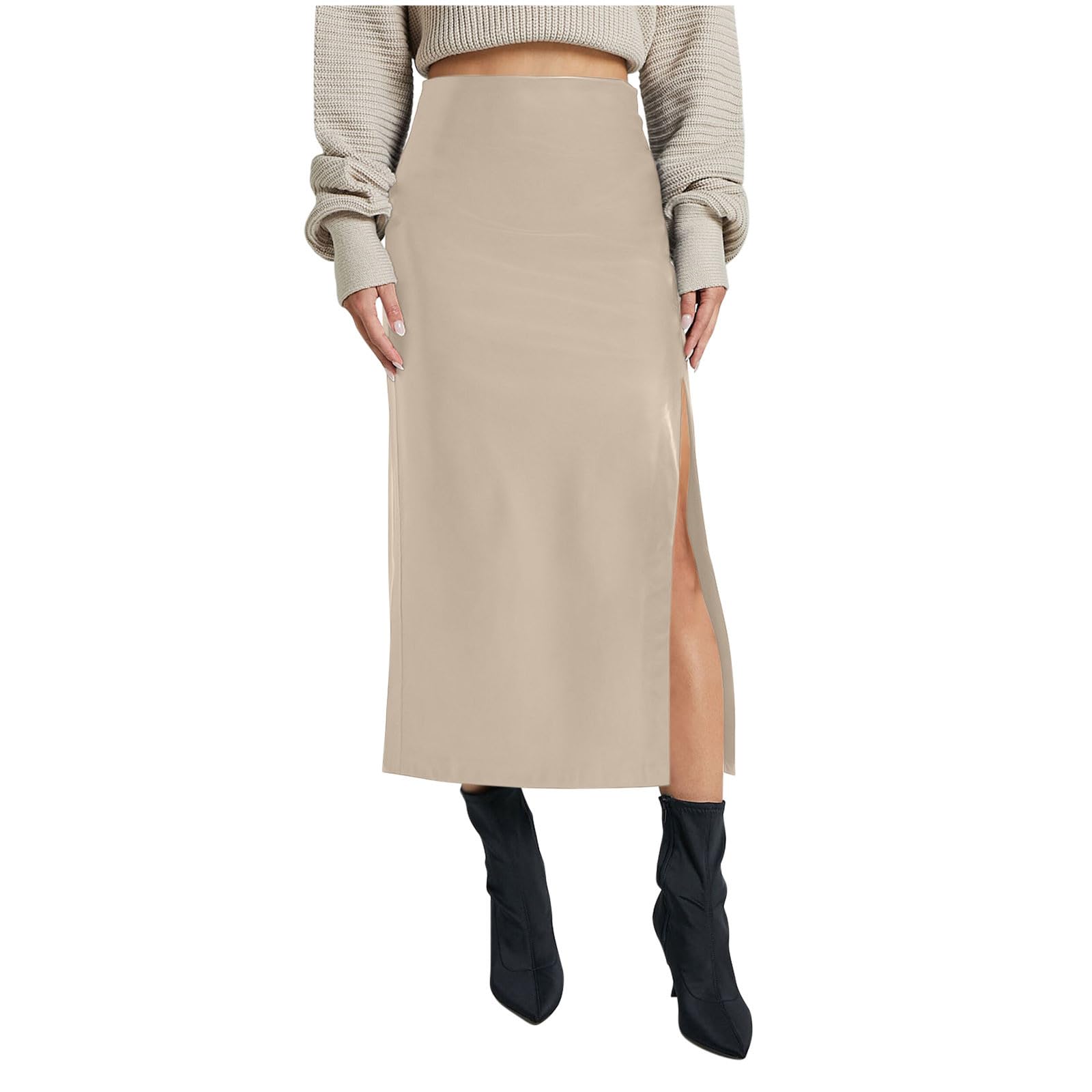 Womens High Waisted Faux Leather Skirt Ladies Elegant Side Slit Bodycon Work Office Maxi Long Pencil Skirts