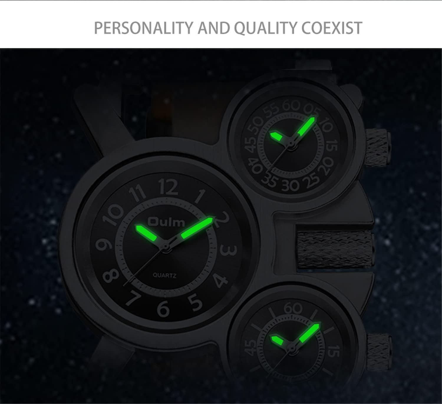 Oulm Men's Military Oversize Multi TimeZones 3 Dials Leather Analog Sports Wrist Watch HP1167 Black Band White Face