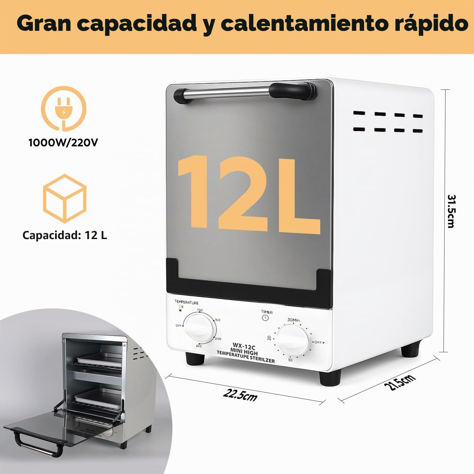 Esterilizador de alta temperatura, esterilizador de calor seco de 12L, esterilizadores de herramientas con control de temperatura y temporizador,con bandeja para peluquerías, spas y estudios de uñas