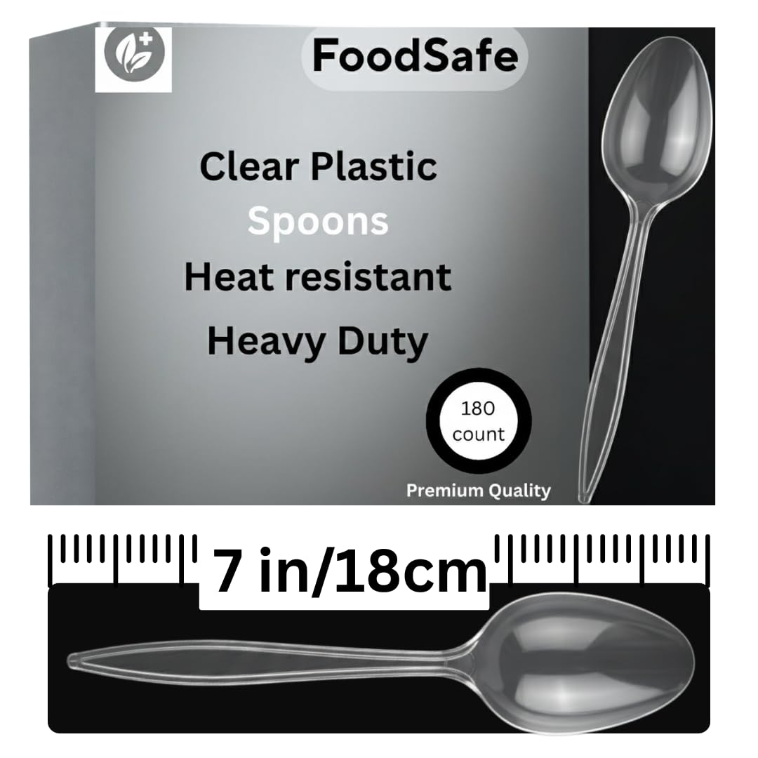Photo 1 of FoodSafe Clear Plastic Spoons – Heavy Duty, Heat Resistant, Durable & Solid – BPA Free Disposable Premium Spoons for Events, Ceremonies & Daily Use – 180 Count
