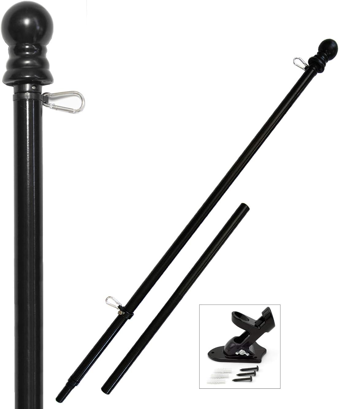 American Signature 5ft Heavy-Duty Flag Pole Kit for House - Includes Aluminum Tangle Free 5' Spinning Flagpole and Outdoor Wall Mount Flagpole Holder Bracket (Black)