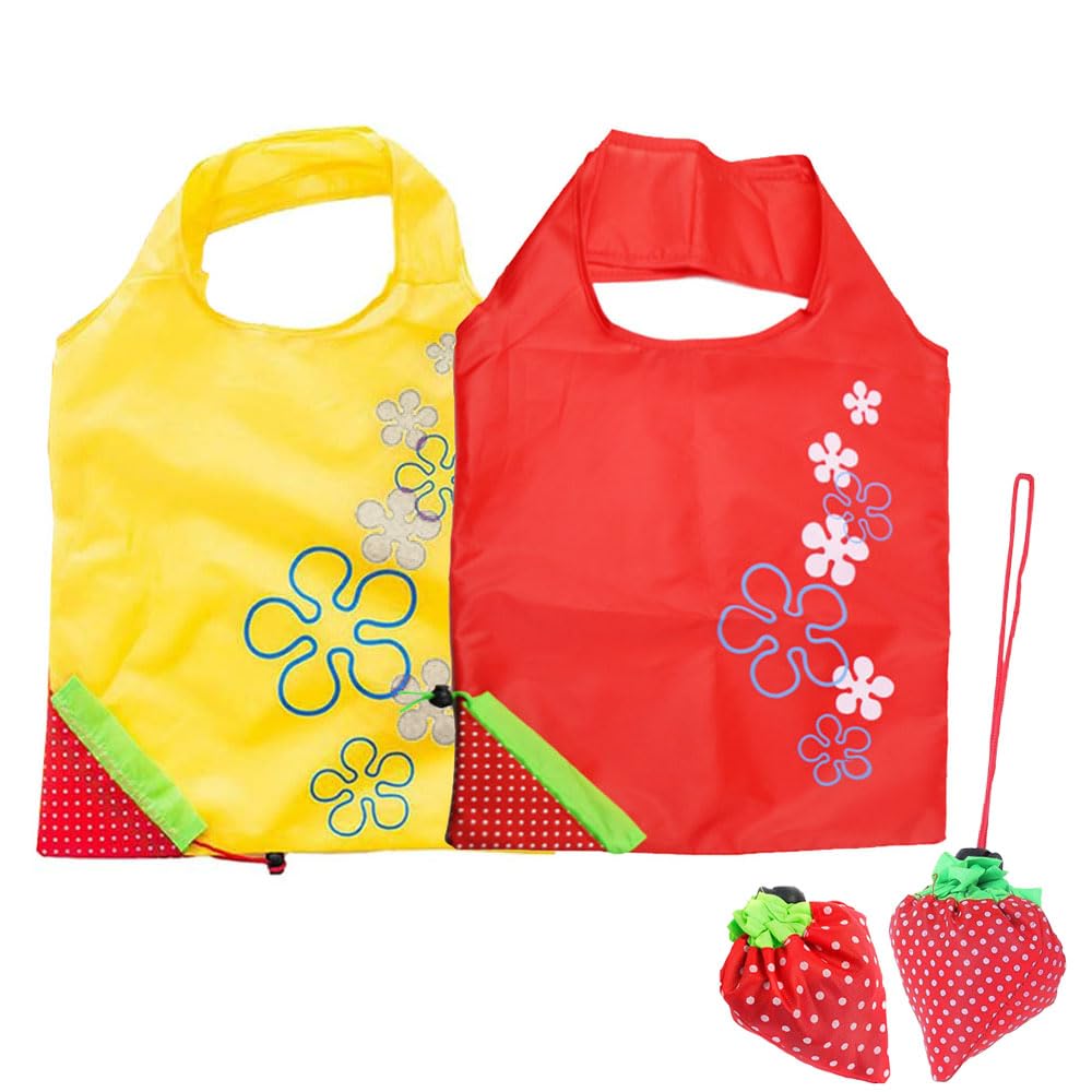fafeiha Strawbbery Shape Folding Shopping Bags 2PCS Foldable Shopping Tote Bag Fits in Pocket Quick-Drying Heavy Duty Washable Tote Bags Ladies for Grocery Shopping in the Supermarket (Random Color)