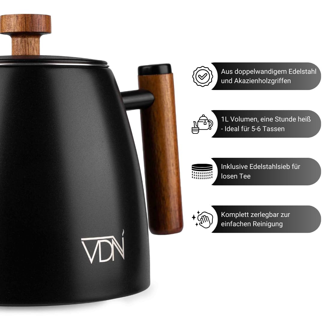 VDN Teekanne mit Siebeinsatz - Teapot [1L, 5-6 Tassen] - Teekanne Thermo, Edelstahl [Doppelwandig, bis zu 1h warm] - Teebereiter [für losen Tee, Ingwer & Kräutermischungen] - 802