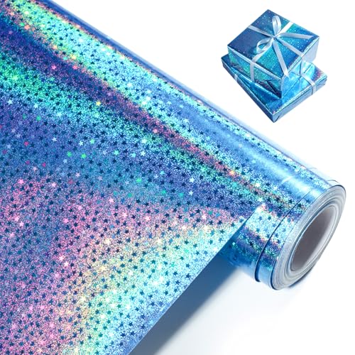Blue Holographic Wrapping Paper Metallic Glitter Star Gift Wrap Paper Roll for Birthday Wedding Fathers Day Valentines Day Christmas - 43cm x 10m