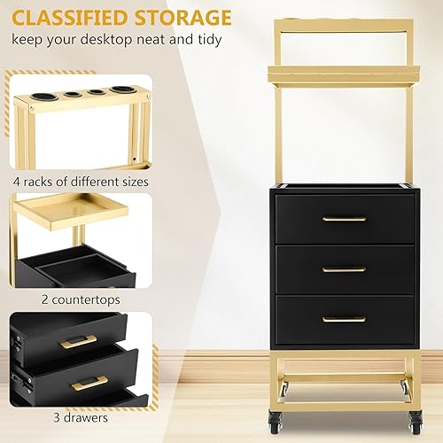 Miniatura 8 de Carrito de salón con ruedas, carrito de salón con 4 soportes y 2 cajones, estación móvil de estilista para almacenamiento de herramientas, carrito