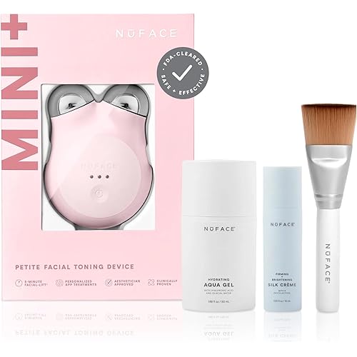 NuFACE MINI+ Microcurrent Facial Device Kit - FDA Cleared Face Sculpting & Skin Tightening Device to Contour, Lift & Tone + Microcurrent Gel Activator & Silk Creme - Sandy Rose