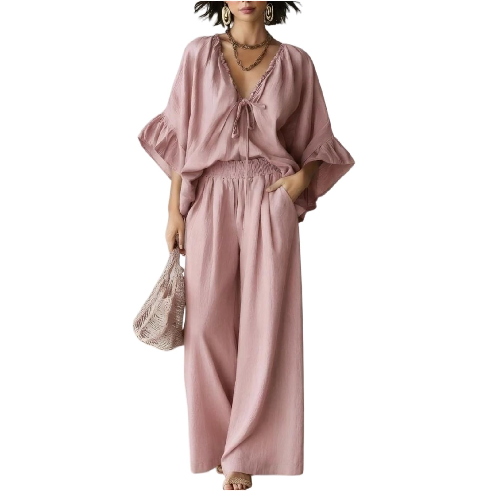 Generisch Zweiteiler Damen Sommer Boho Lounge-Sets Lotusblütenärmel Oberteil Und Hose 2 Teiliges Mit Taschen Outfits, S-2XL