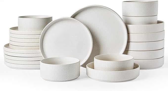famiware Star Dinnerware Set with Pasta Bowls, Service for 6 (24 Pieces), Ribbed Stoneware Plates and Double Bowls Sets - Chip & Scratch Resistant, Microwave & Dishwasher Safe Dishes, Matte White