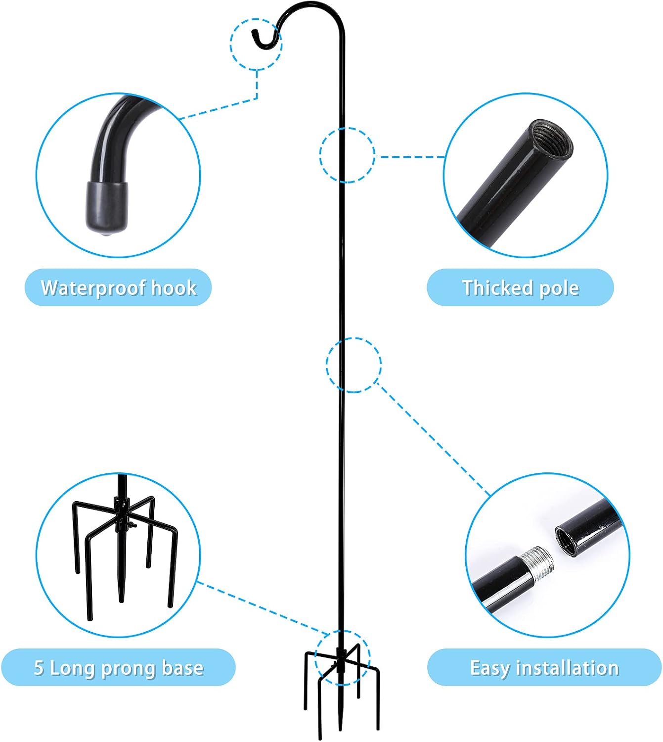FEED GARDEN 92 Inch Tall Shepherd Hook,5 Prongs Base,5/8 Inch Thick Pipe, Strong Steel, Heavy Duty Adjustable Outdoor Garden Hooks for Hanging Plant Basket,Lantern Black (1 Pack)