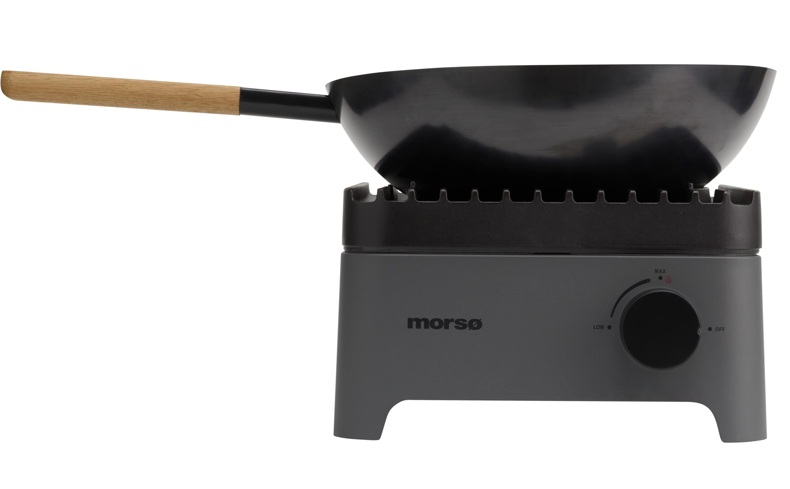 Morsø Vulcano Wok Pan – Wokpfanne mit rundem Boden, aus beschichtetem Karbonstahl, Zubehör für Vulcano Wok Burner, Pfanne mit langem Stiel aus Holz, 36 x 55,5 x 12 cm, Anthrazit